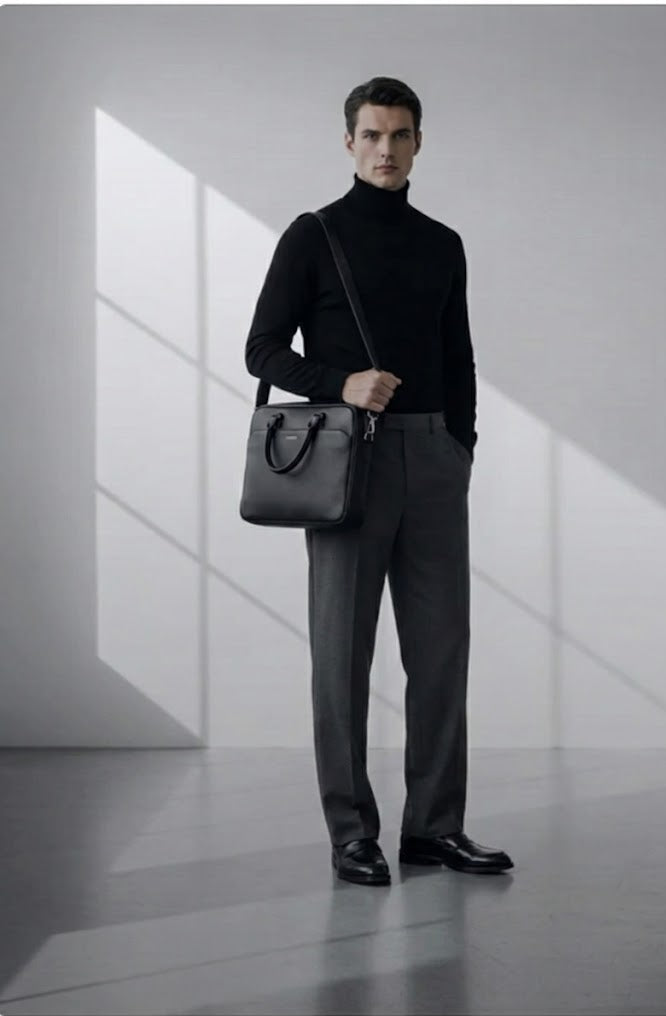 Man in black turtleneck and gray pants holding a black bag in a minimalistic setting