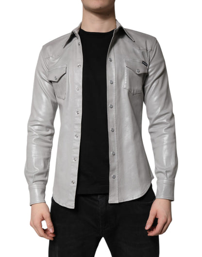 Metallic Gray Cotton Button Down Shirt-Dolce & Gabbana-LabelTerrace.com