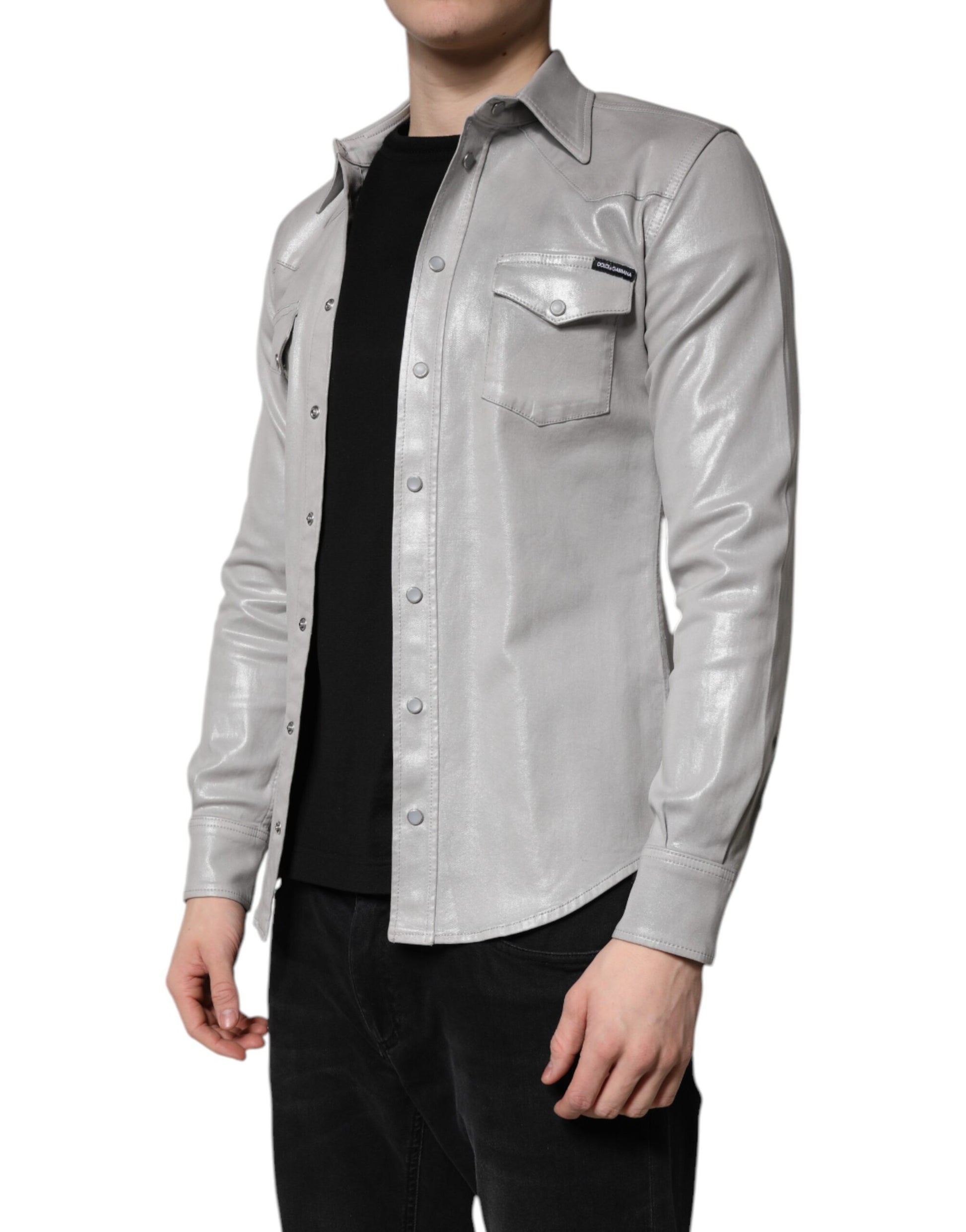 Metallic Gray Cotton Button Down Shirt-Dolce & Gabbana-LabelTerrace.com