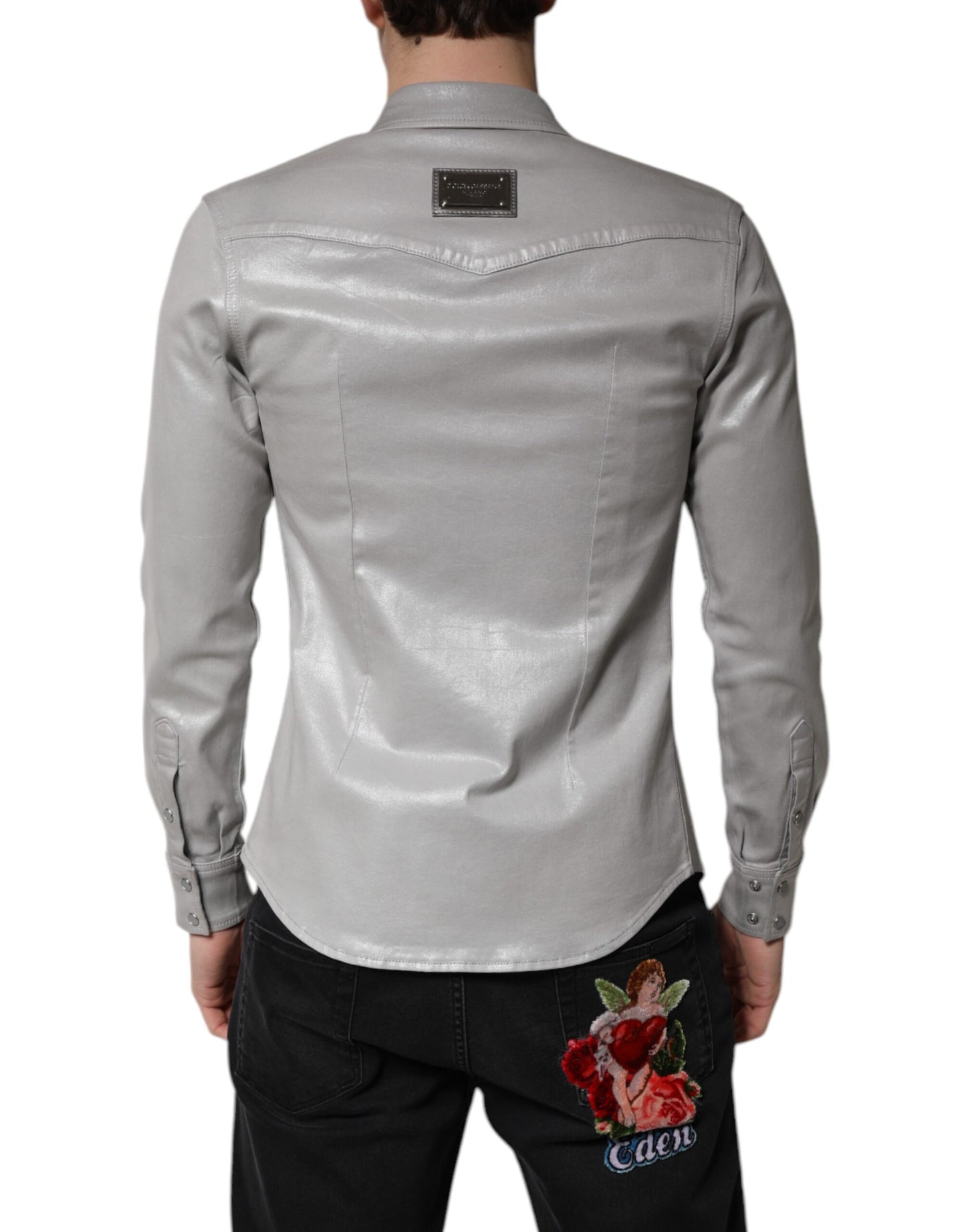Metallic Gray Cotton Button Down Shirt-Dolce & Gabbana-LabelTerrace.com