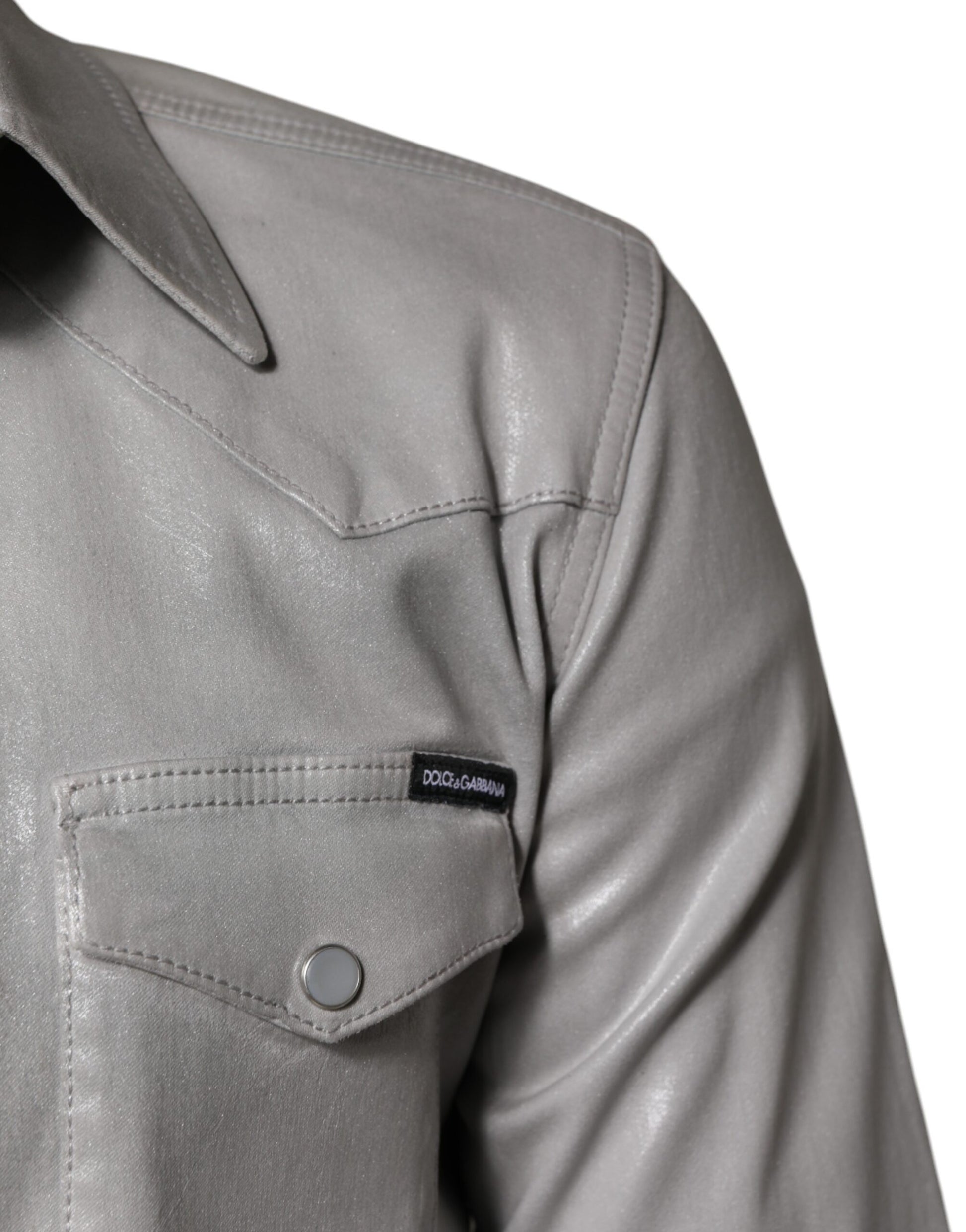 Metallic Gray Cotton Button Down Shirt-Dolce & Gabbana-LabelTerrace.com