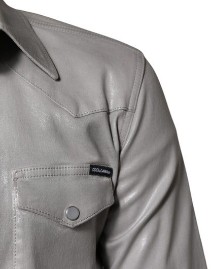 Metallic Gray Cotton Button Down Shirt-Dolce & Gabbana-LabelTerrace.com