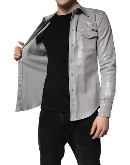 Metallic Gray Cotton Button Down Shirt-Dolce & Gabbana-LabelTerrace.com