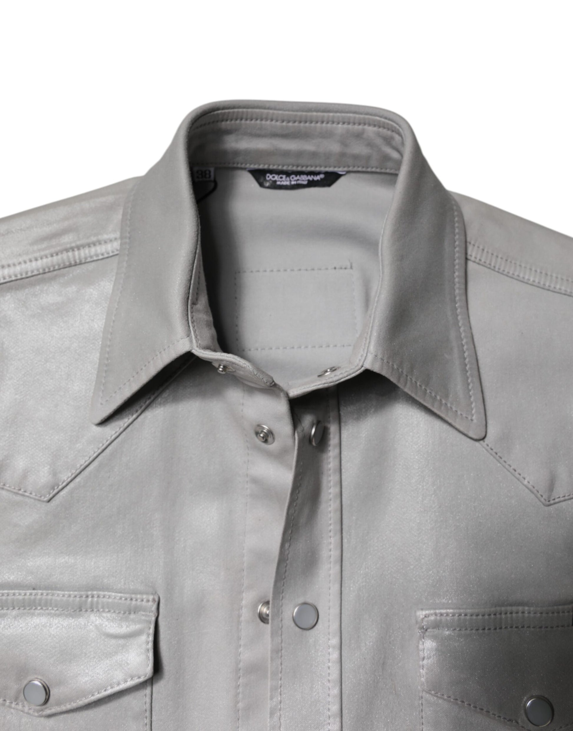 Metallic Gray Cotton Button Down Shirt-Dolce & Gabbana-LabelTerrace.com