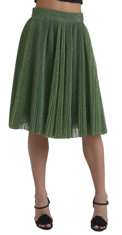 Metallic Green High Waist A-line Pleated Skirt-Dolce & Gabbana-LabelTerrace.com