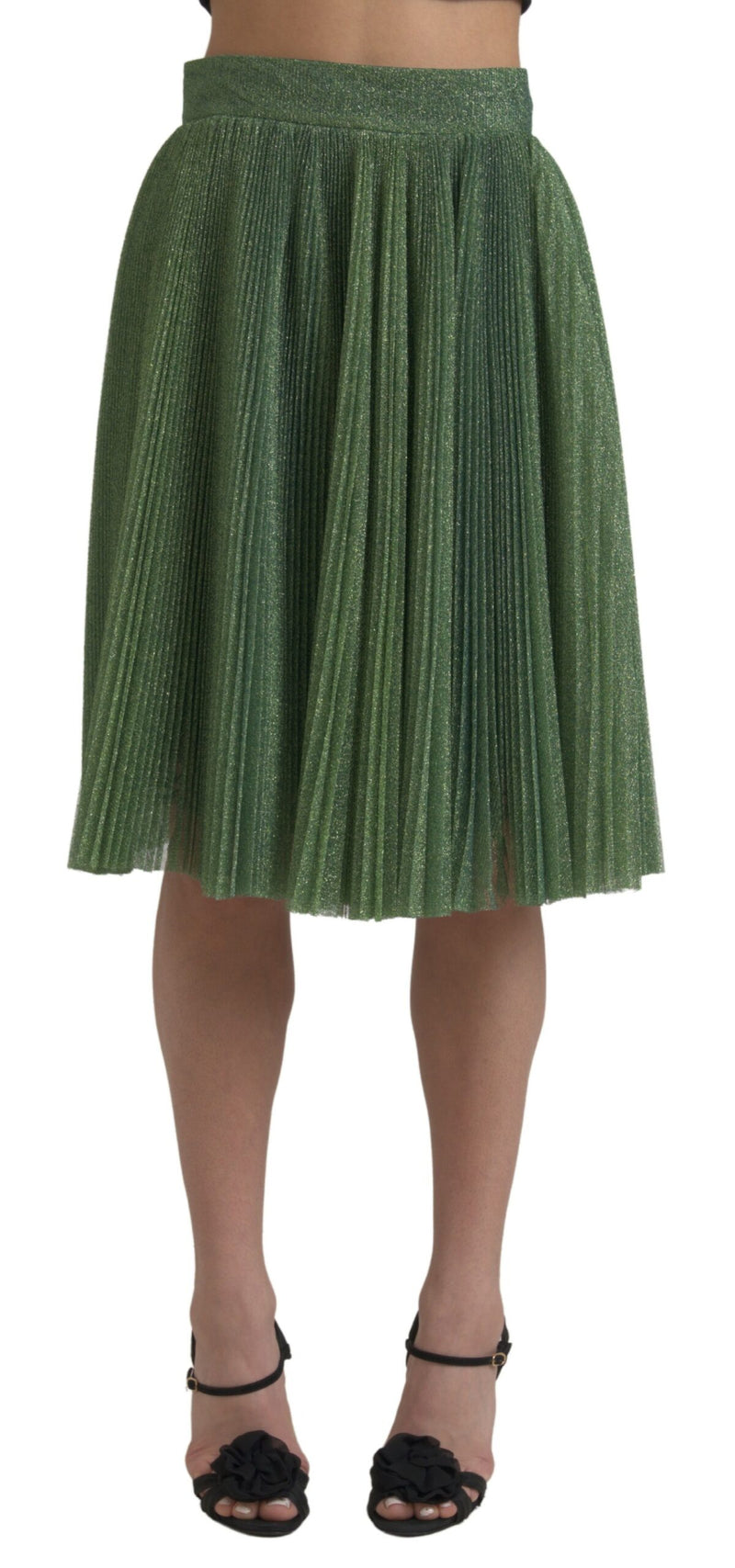 Metallic Green High Waist A-line Pleated Skirt-Dolce & Gabbana-LabelTerrace.com