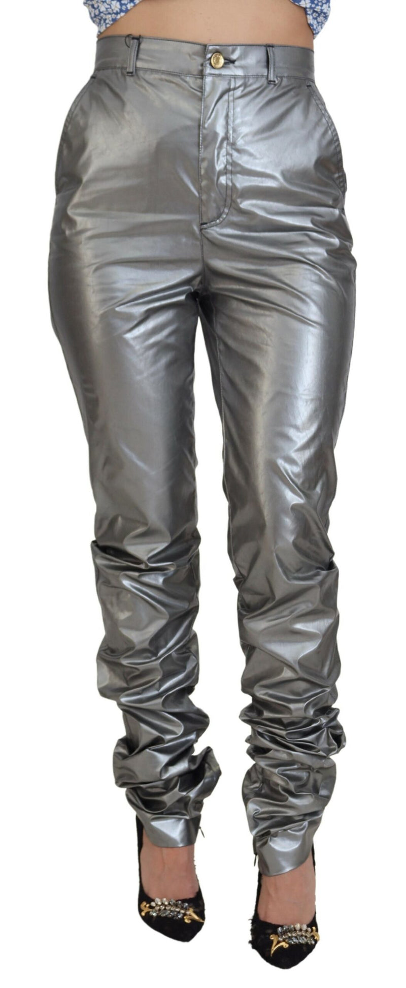 Metallic Silver High Waist Skinny Pants-Dolce & Gabbana-LabelTerrace.com