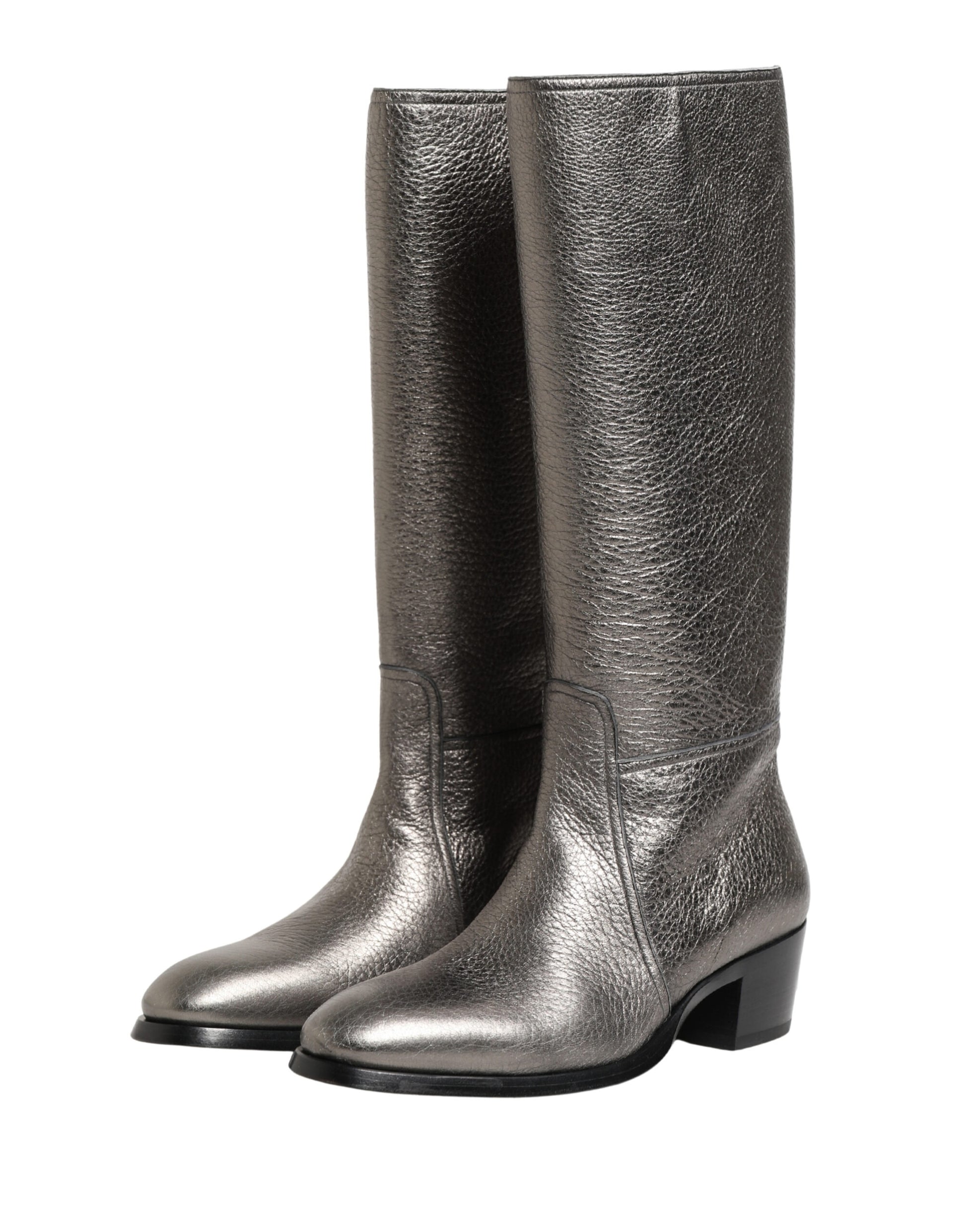 Metallic Silver Leather Knee High Boots Shoes