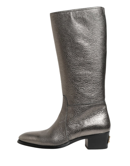 Metallic Silver Leather Knee High Boots Shoes