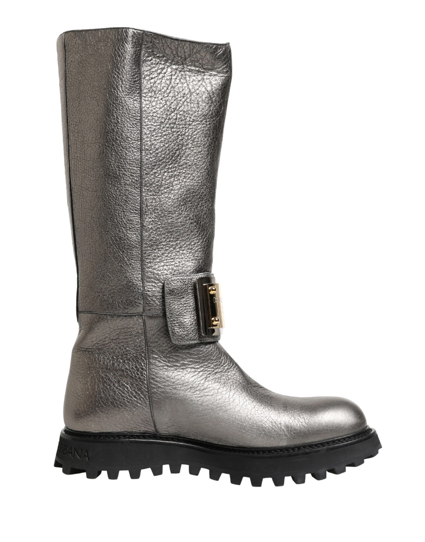 Metallic Silver Leather Mid Calf Boots Shoes