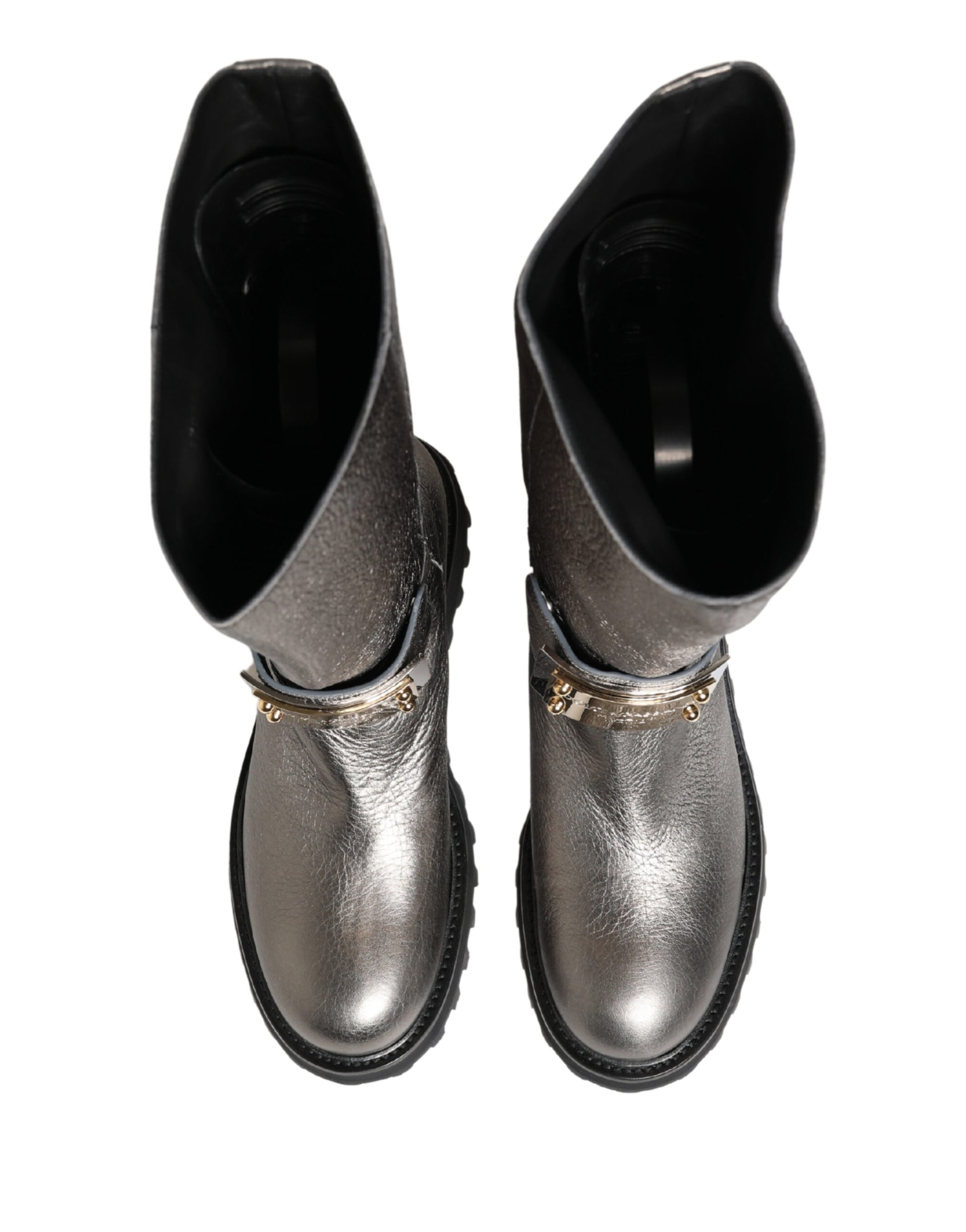 Metallic Silver Leather Mid Calf Boots Shoes