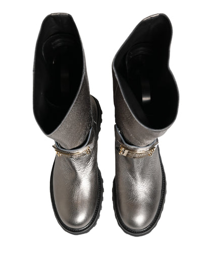 Metallic Silver Leather Mid Calf Boots Shoes