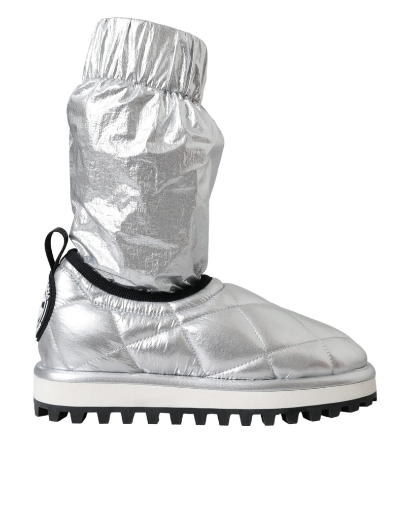 Metallic Silver Quilted Logo Patch Boot Shoes-Dolce & Gabbana-LabelTerrace.com