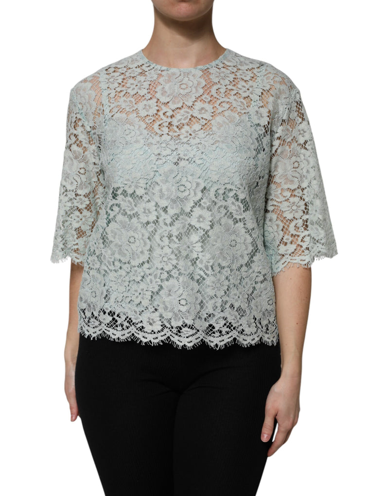 Mint Green Floral Lace Cotton Blouse Top-Dolce & Gabbana-LabelTerrace.com