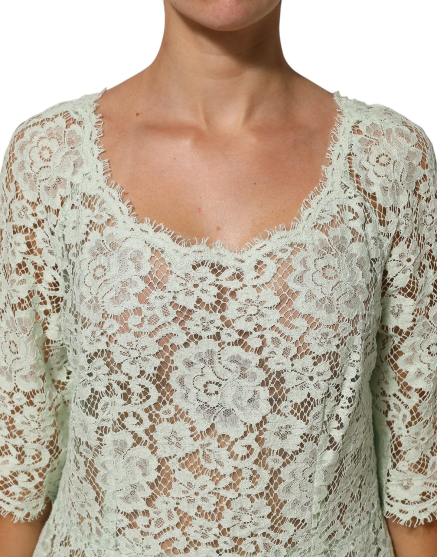 Mint Green Floral Lace Trim Midi Dress