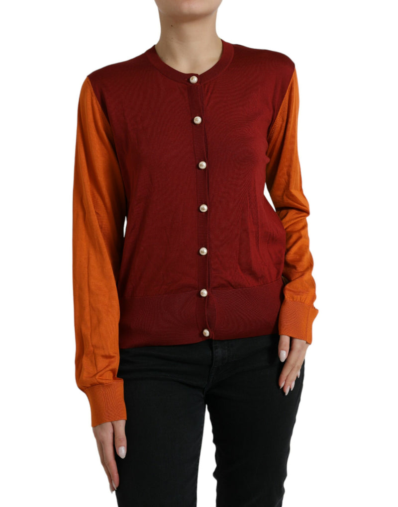 Multicolor Cardigan Color Block Silk Crewneck Sweater-Dolce & Gabbana-LabelTerrace.com