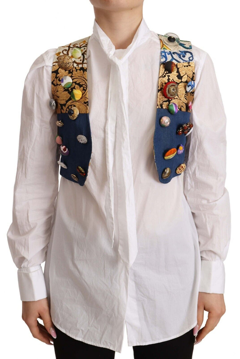 Multicolor Embellished Waist Coat Cotton Top-Dolce & Gabbana-LabelTerrace.com