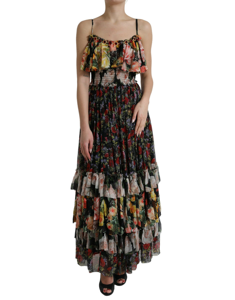 Multicolor Floral Chiffon Tiered Maxi Dress-Dolce & Gabbana-LabelTerrace.com