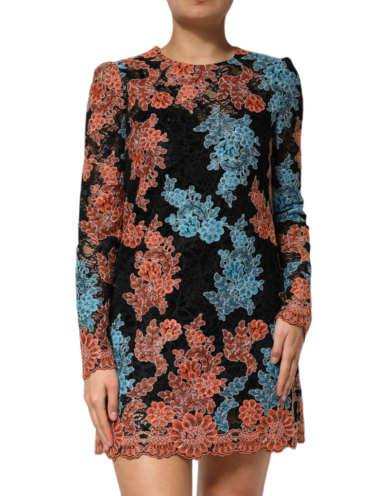 Multicolor Floral Embroidery Shift Mini Dress-Dolce & Gabbana-LabelTerrace.com