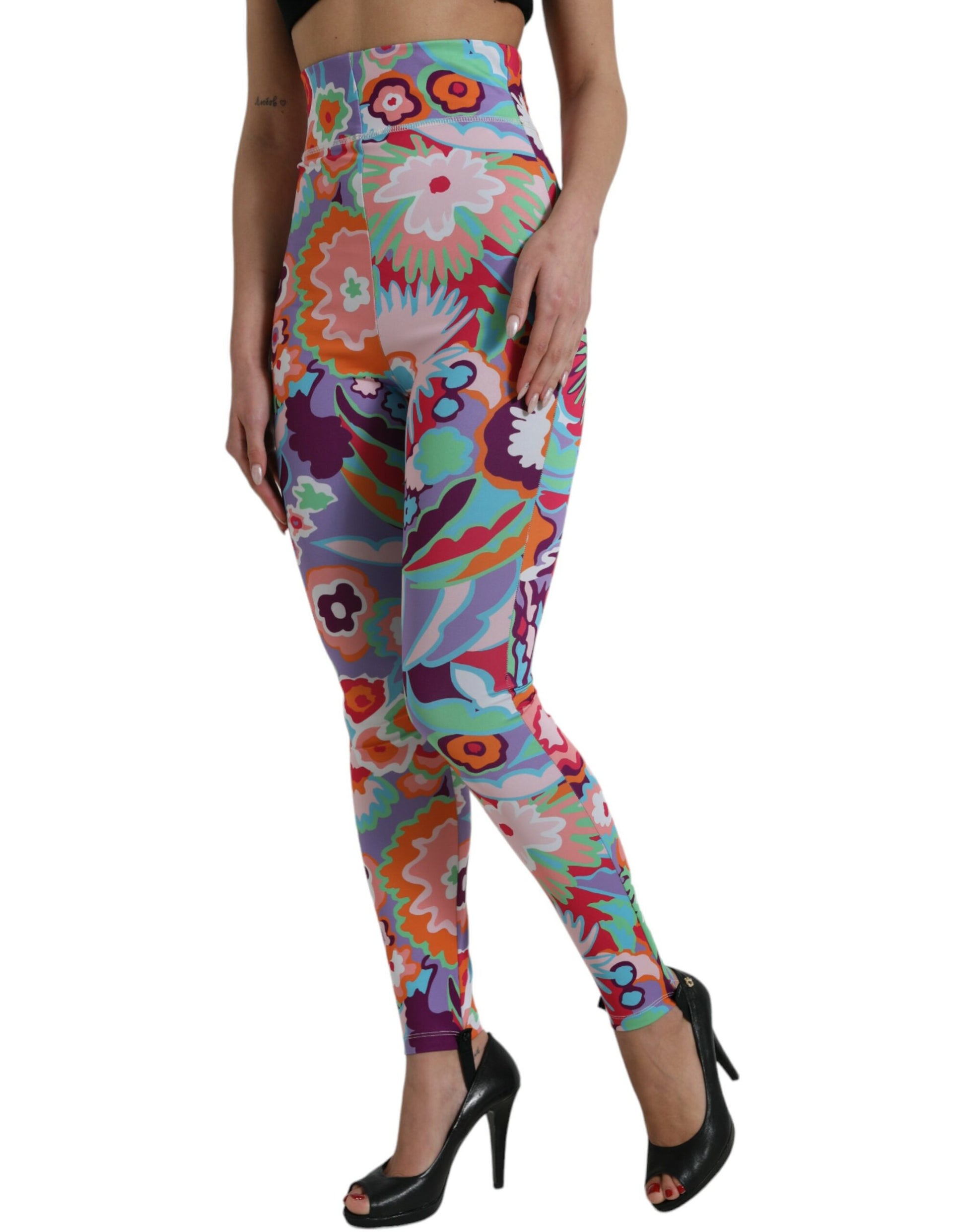Multicolor Floral High Waist Leggings Pants-Dolce & Gabbana-LabelTerrace.com