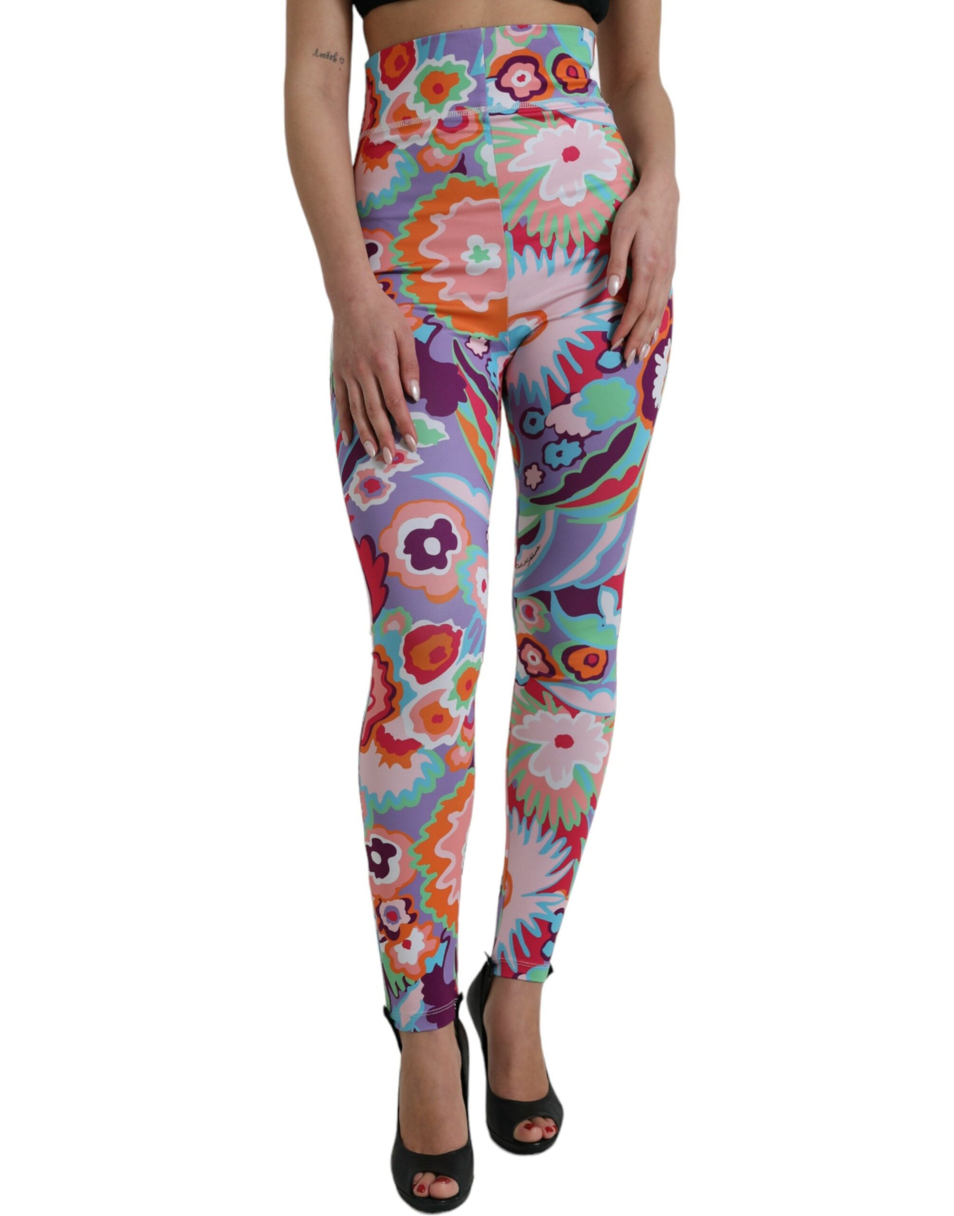 Multicolor Floral High Waist Leggings Pants-Dolce & Gabbana-LabelTerrace.com