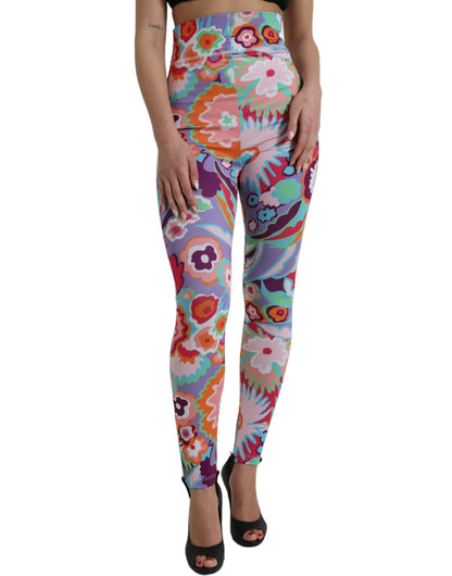 Multicolor Floral High Waist Leggings Pants-Dolce & Gabbana-LabelTerrace.com
