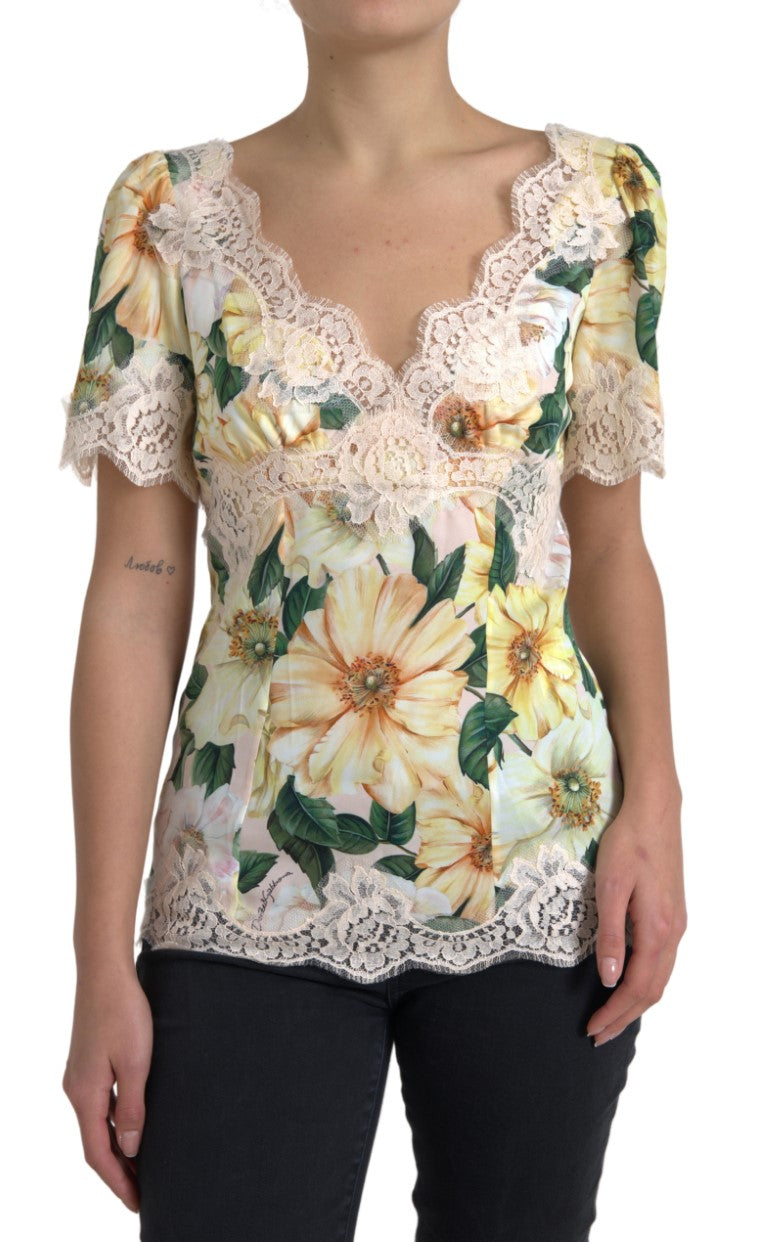 Multicolor Floral Lace V Neck Blouse-Dolce & Gabbana-LabelTerrace.com