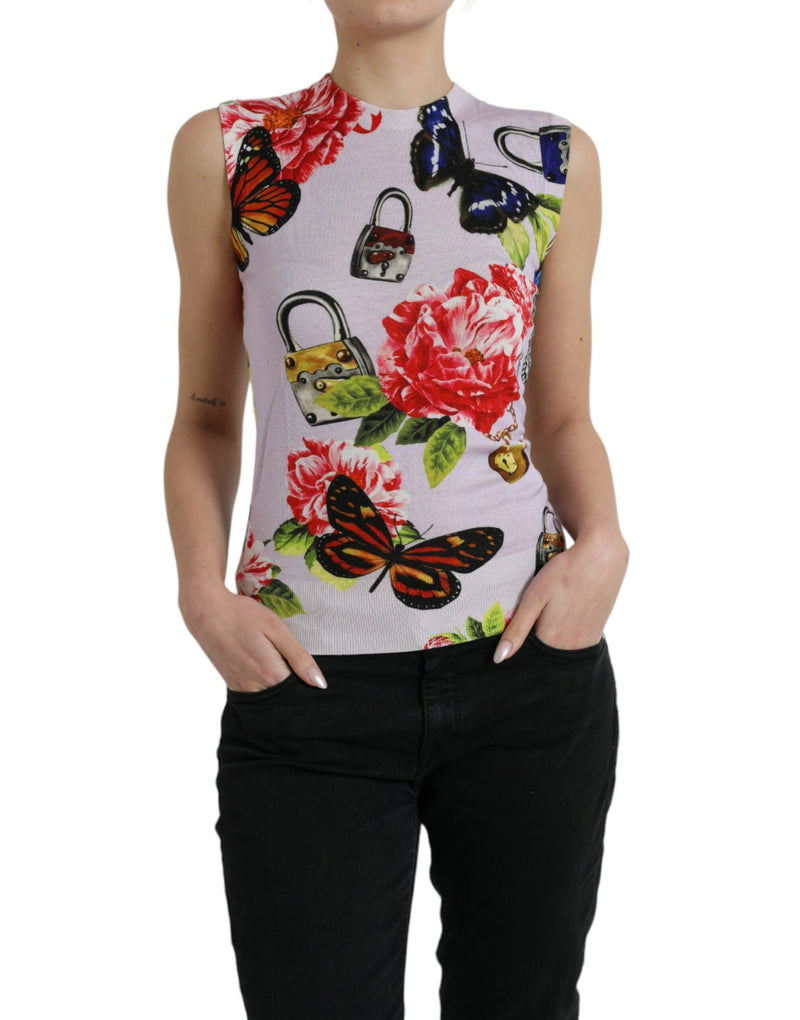 Multicolor Floral Padlock Butterfly Tank Top-Dolce & Gabbana-LabelTerrace.com