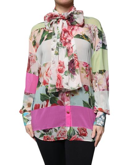 Multicolor Floral Patchwork Ascot Collar Top-Dolce & Gabbana-LabelTerrace.com