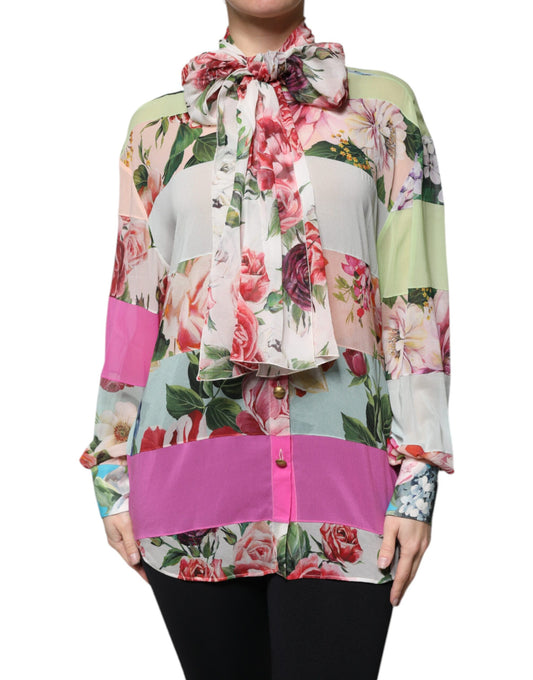 Multicolor Floral Patchwork Ascot Collar Top-Dolce & Gabbana-LabelTerrace.com