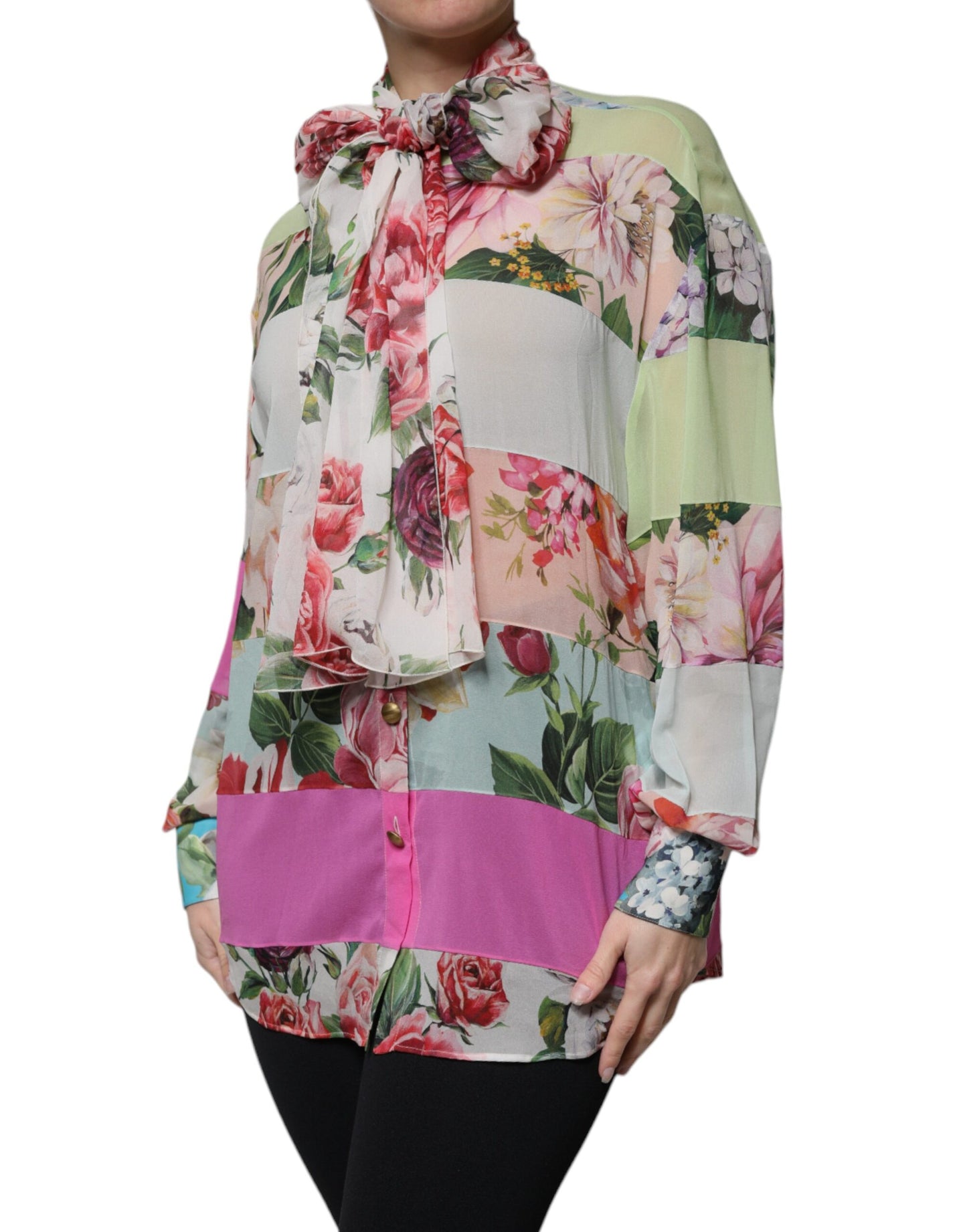 Multicolor Floral Patchwork Ascot Collar Top-Dolce & Gabbana-LabelTerrace.com