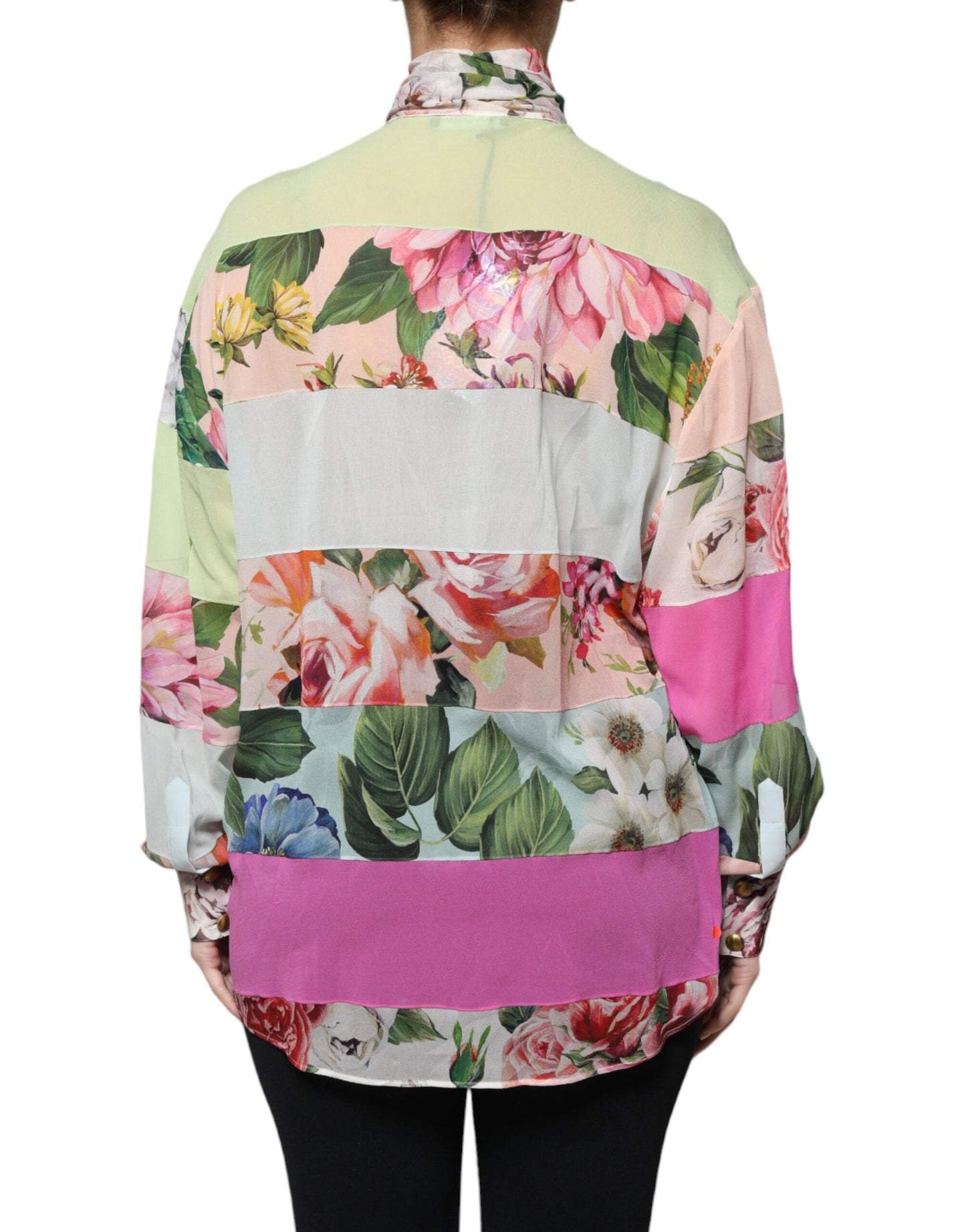 Multicolor Floral Patchwork Ascot Collar Top-Dolce & Gabbana-LabelTerrace.com
