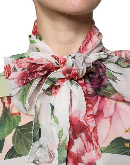 Multicolor Floral Patchwork Ascot Collar Top-Dolce & Gabbana-LabelTerrace.com