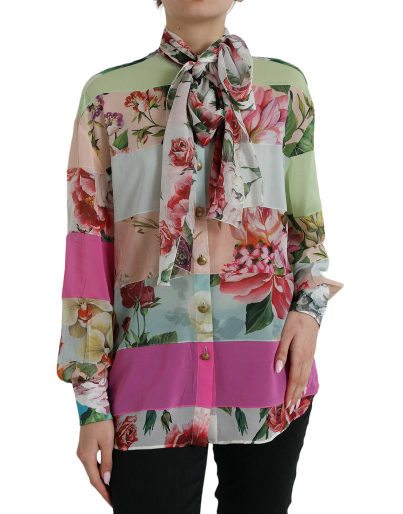 Multicolor Floral Patchwork Ascot Collar Top-Dolce & Gabbana-LabelTerrace.com