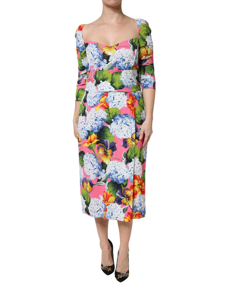 Multicolor Floral Pleated Sheath Midi Dress-Dolce & Gabbana-LabelTerrace.com