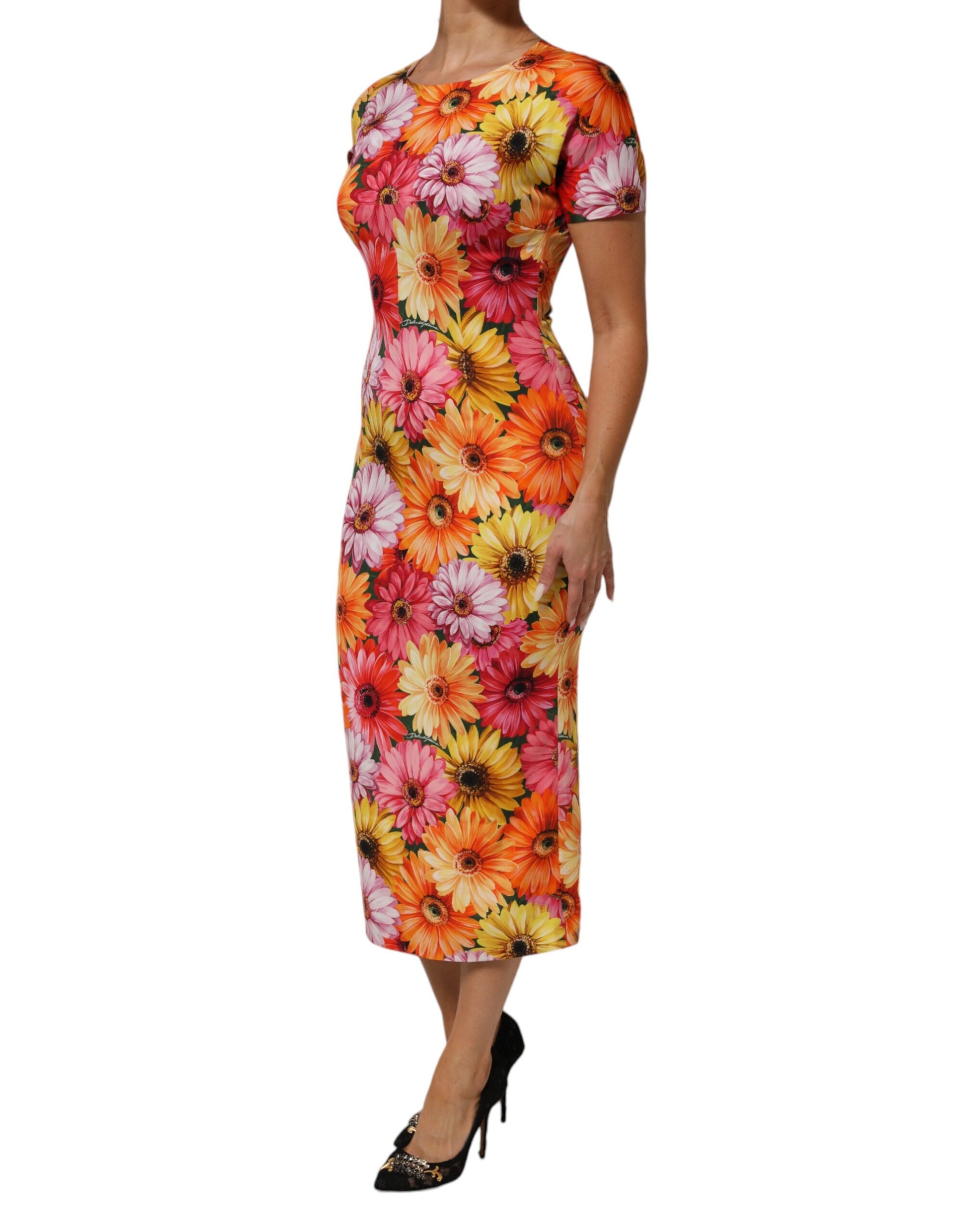 Multicolor Floral Print SilkSheath Midi Dress