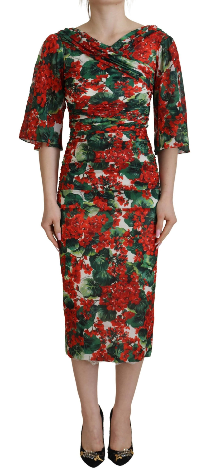 Multicolor Geranium Silk Sheath Midi Dress-Dolce & Gabbana-LabelTerrace.com