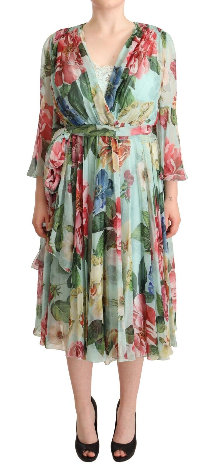 Multicolor Green Floral Silk Wrap Midi Dress-Dolce & Gabbana-LabelTerrace.com