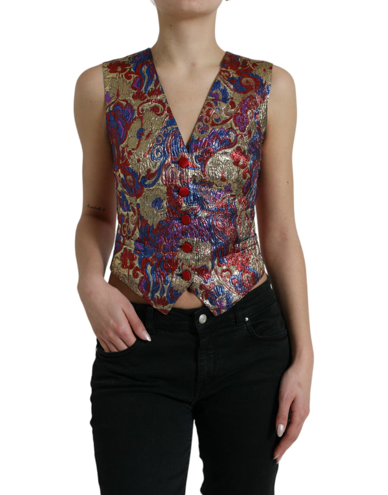 Multicolor Jacquard Button Waistcoat Vest Top-Dolce & Gabbana-LabelTerrace.com