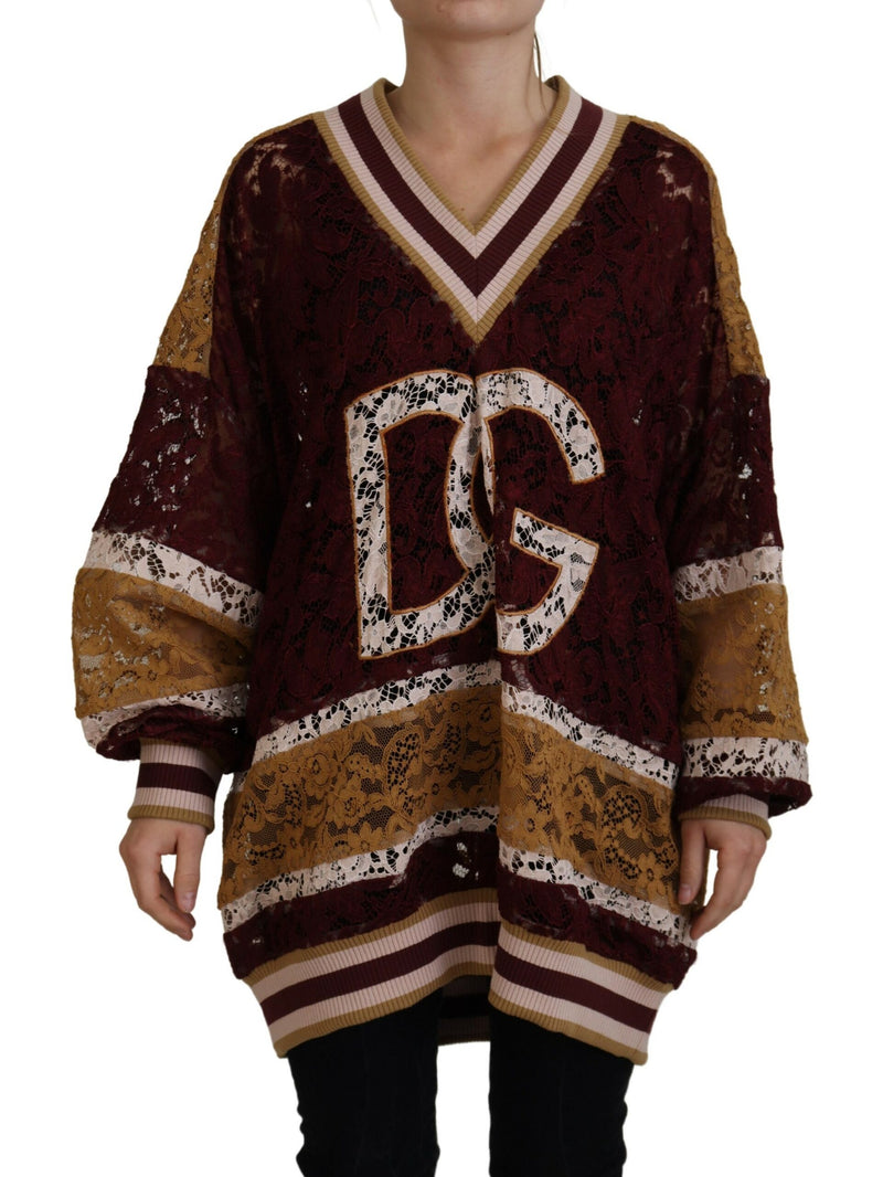 Multicolor Lace V-neck Pullover Sweater-Dolce & Gabbana-LabelTerrace.com