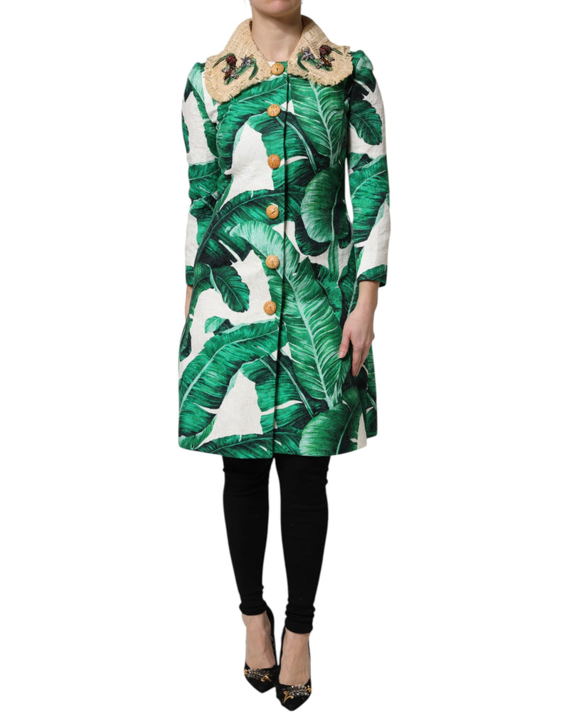 Multicolor Leaf Print Embellished Trenchcoat Jacket-Dolce & Gabbana-LabelTerrace.com