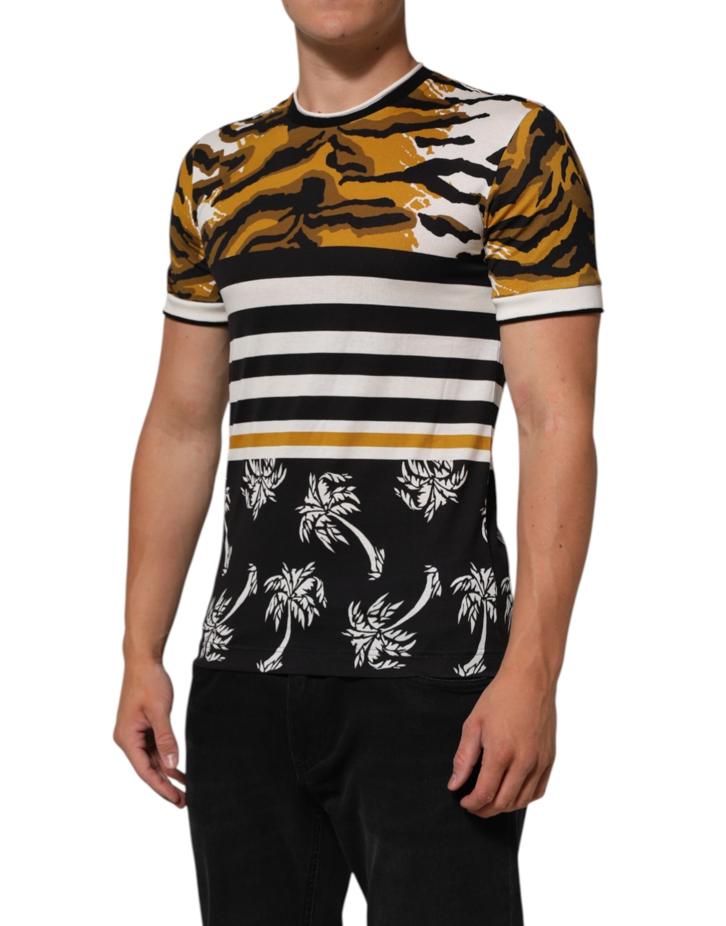 Multicolor Leopard Palm Leaf Men Crew Neck T-shirt