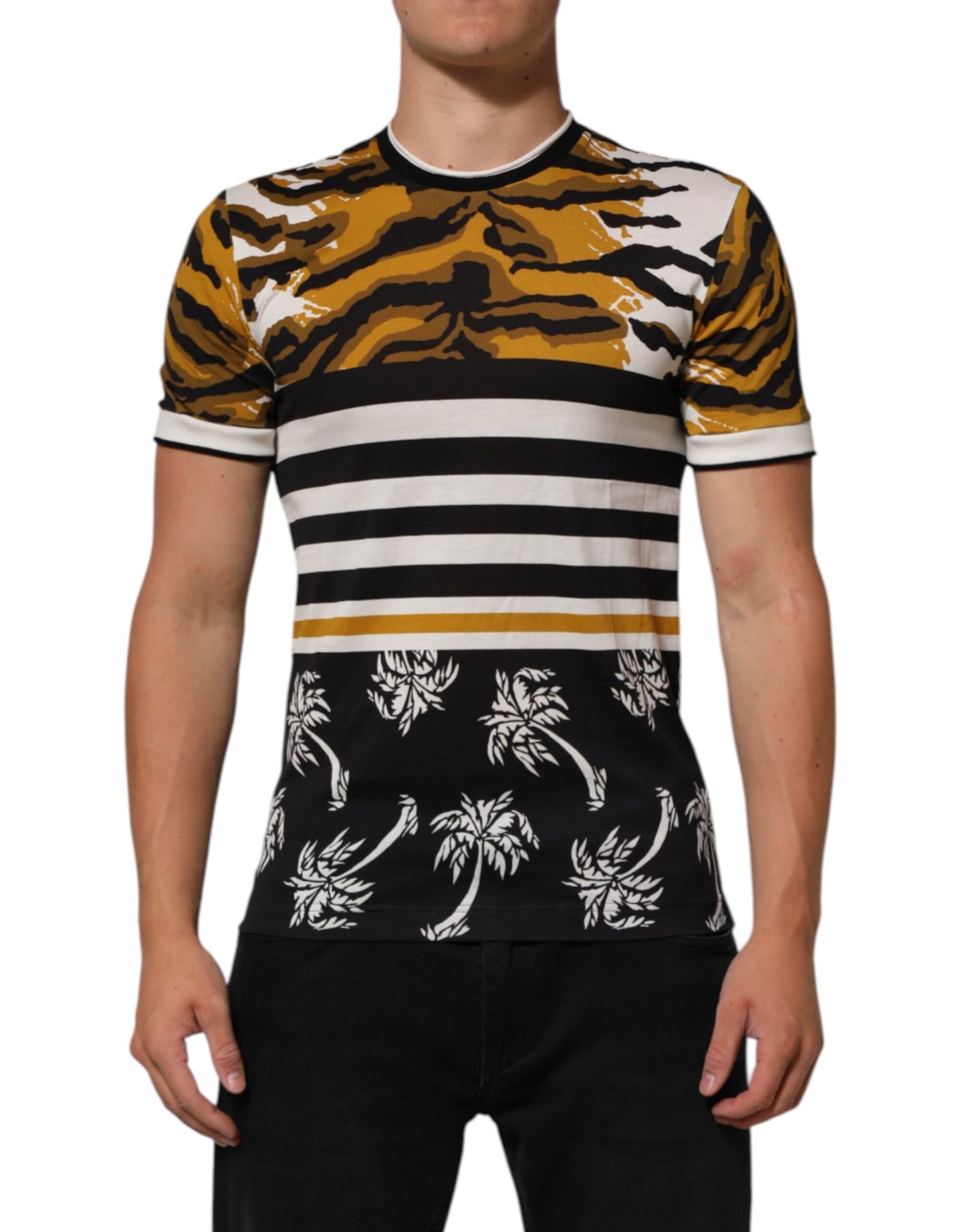 Multicolor Leopard Palm Leaf Men Crew Neck T-shirt