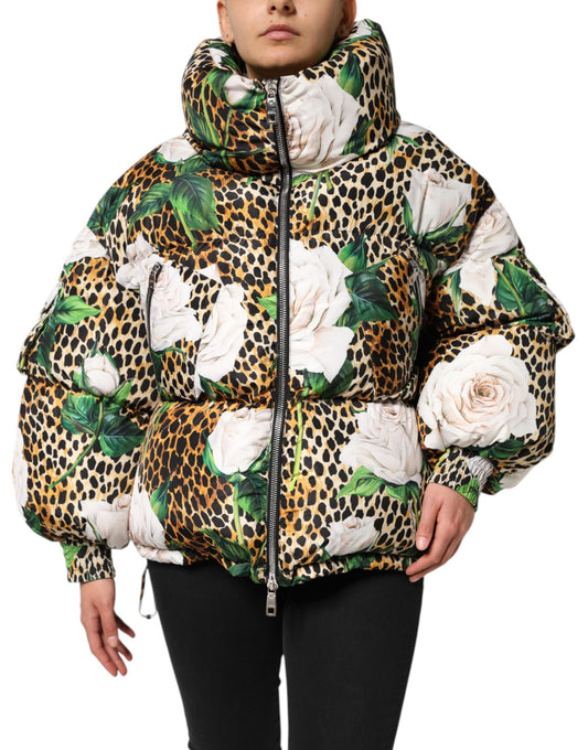 Multicolor Leopard Rose Puffer Quilted Jacket-Dolce & Gabbana-LabelTerrace.com