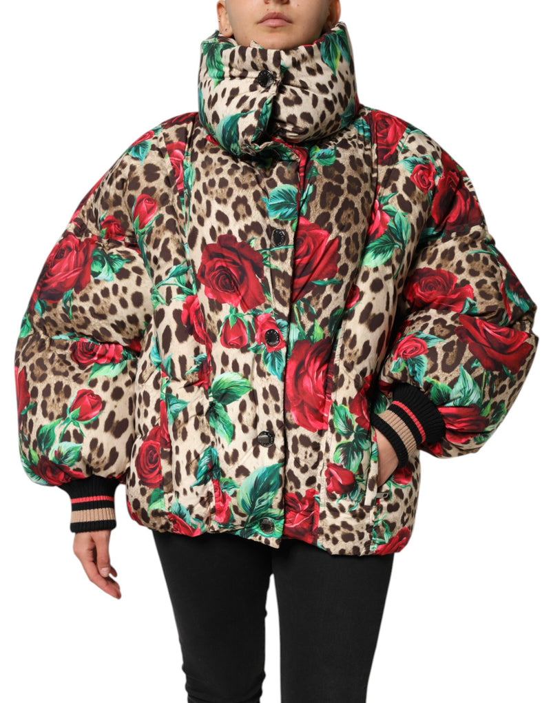 Multicolor Leopard Rose Puffer Quilted Jacket-Dolce & Gabbana-LabelTerrace.com