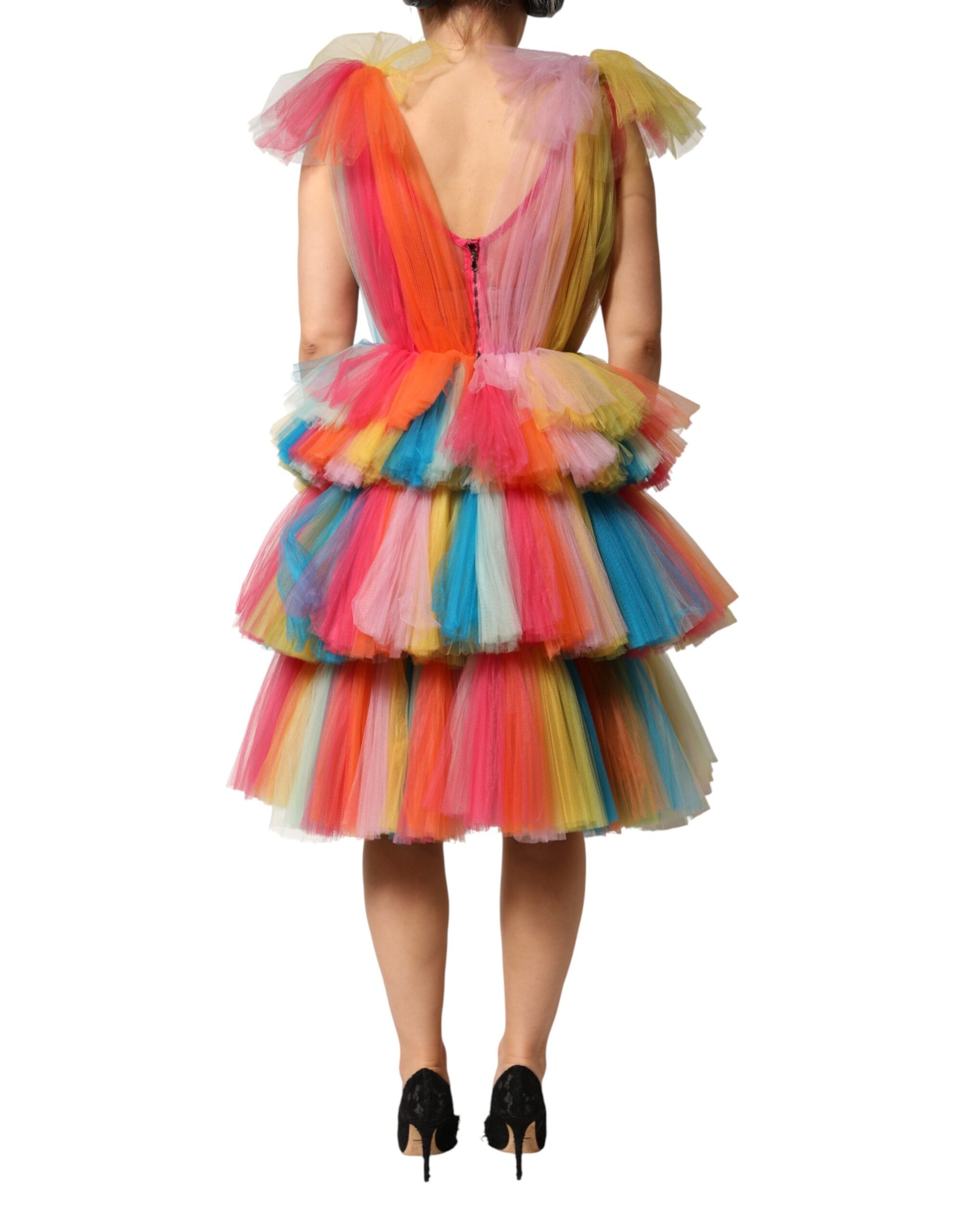 Multicolor Nylon Tiered Tulle Midi Dress