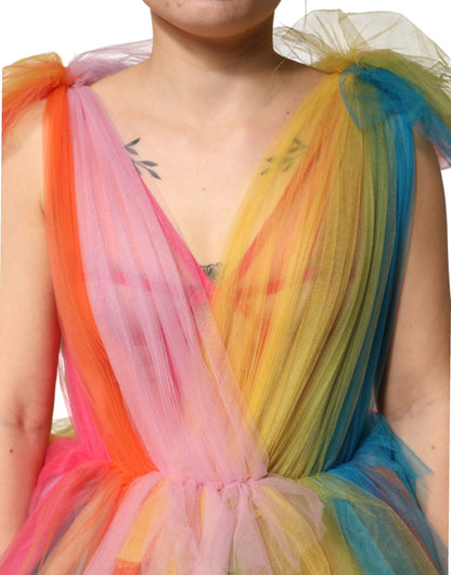 Multicolor Nylon Tiered Tulle Midi Dress