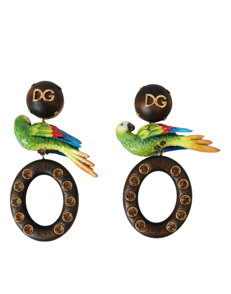 Multicolor Parrot Wood Brass Crystal Embellished Earrings-Dolce & Gabbana-LabelTerrace.com