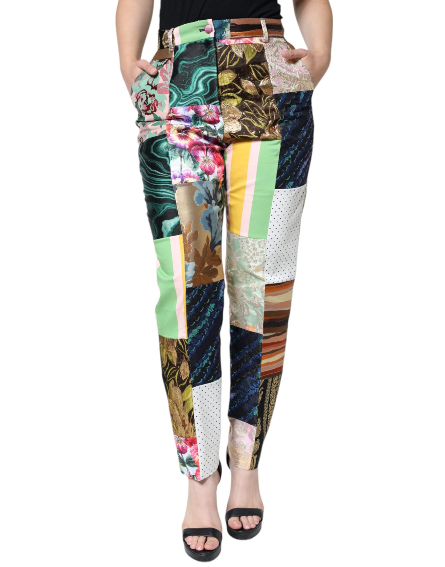 Multicolor Patchwork Jacquard High Waist Pants-Dolce & Gabbana-LabelTerrace.com