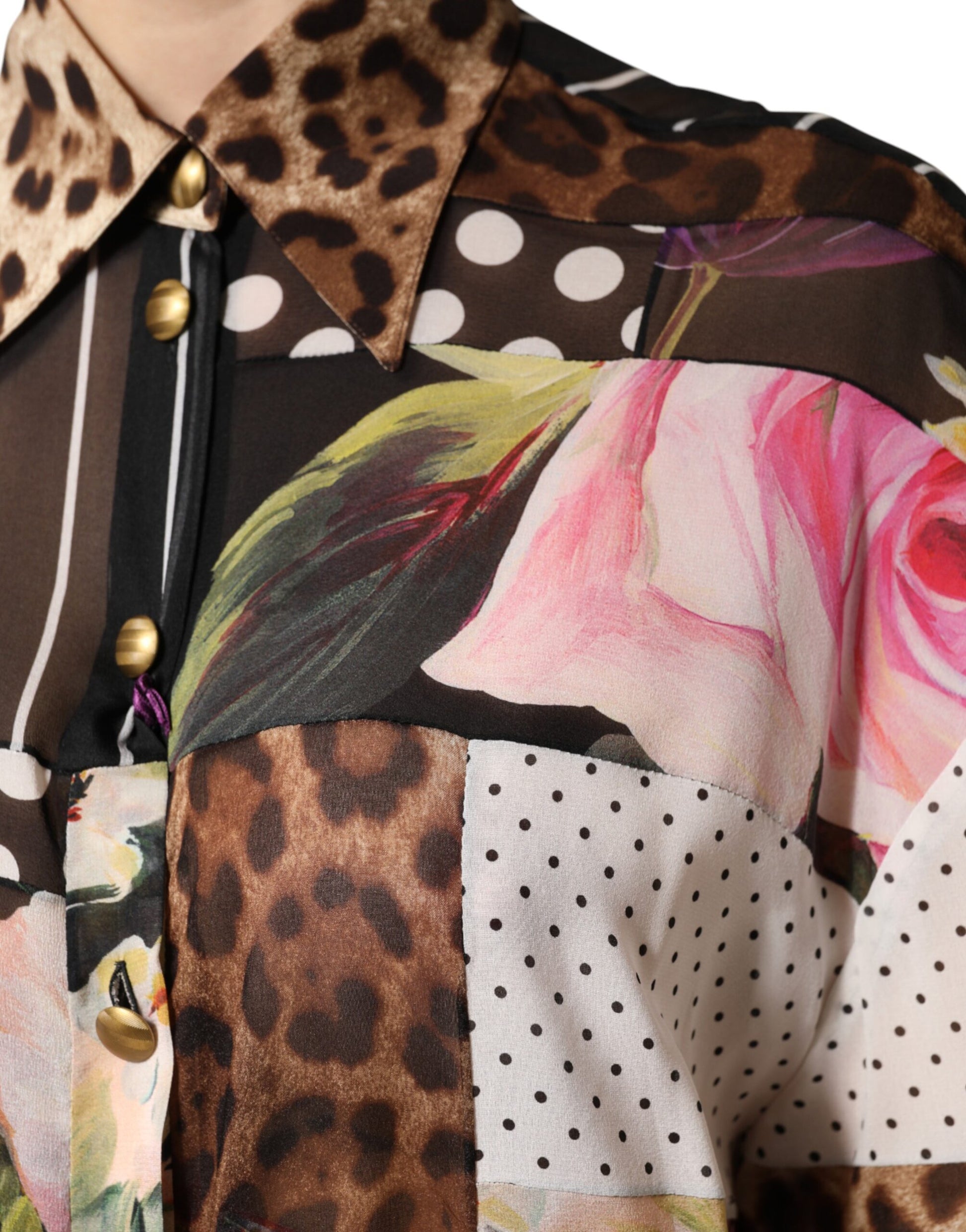 Multicolor Patchwork Silk CollaredBlouse Top